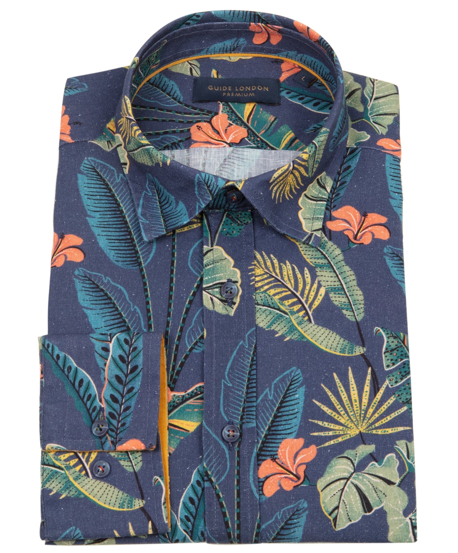 Guide London - Tropical Leaf Cotton-Linen LS Shirt - Multi