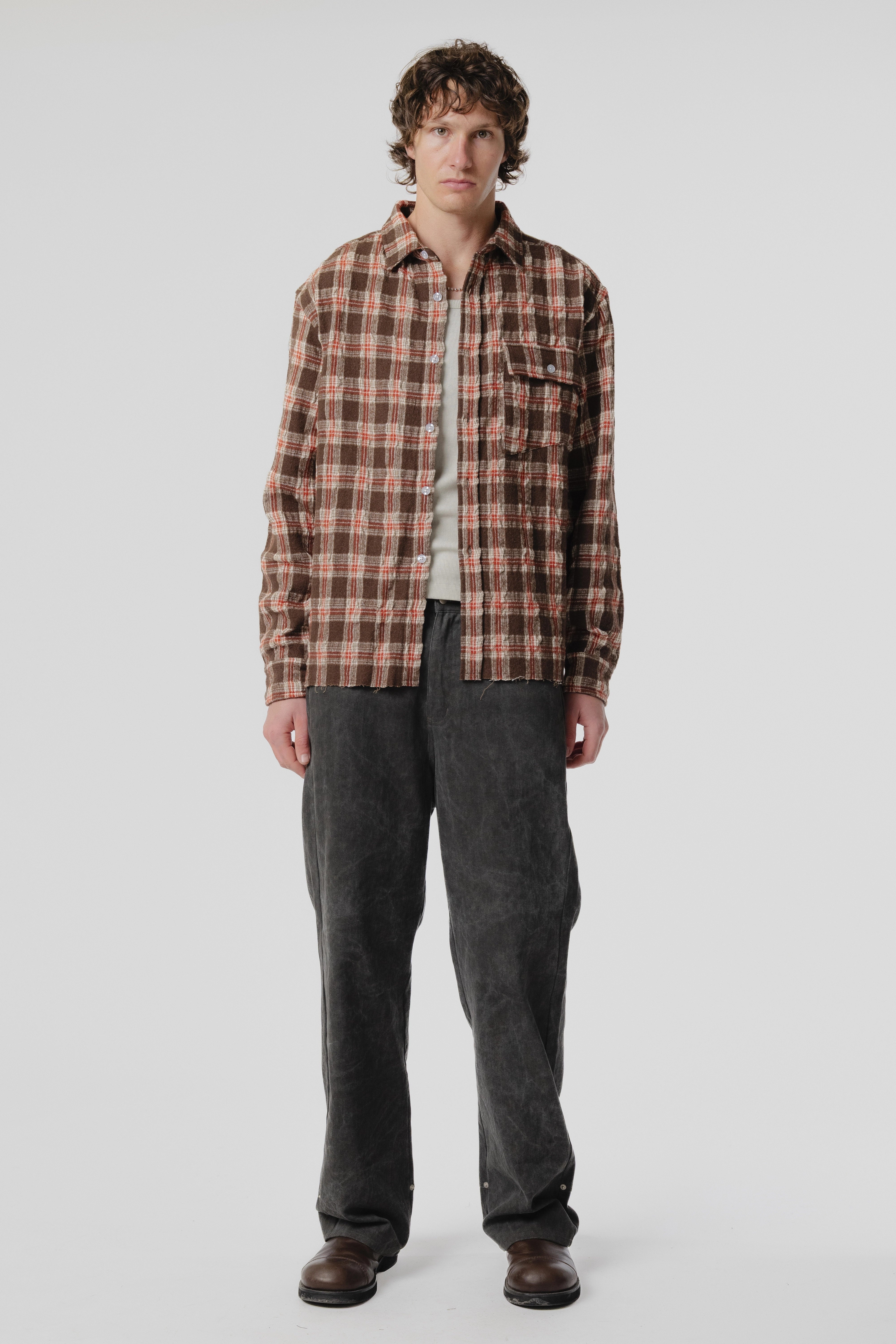 Beach Brains - LS Pocket Shirt - Brown/Red Check