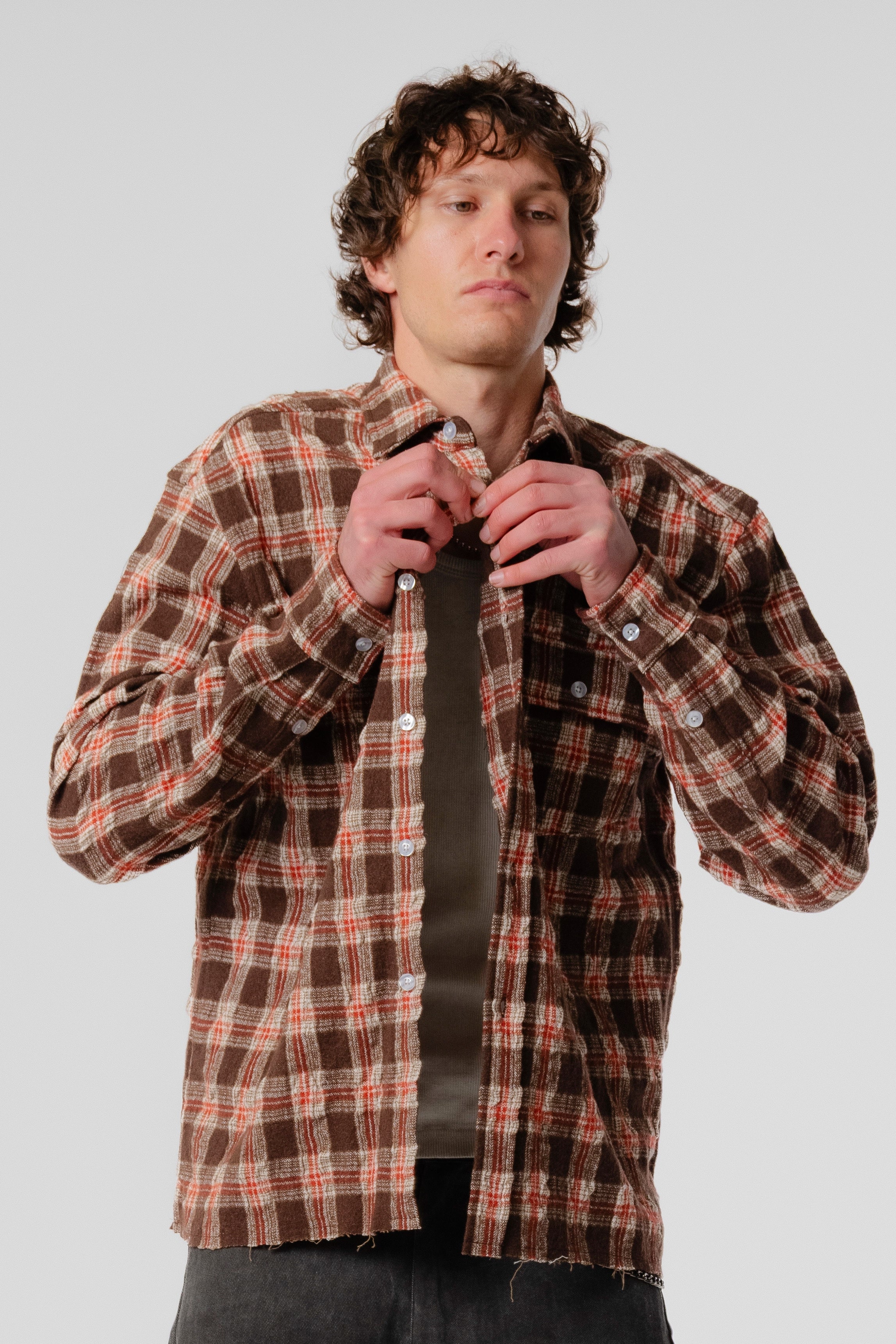 Beach Brains - LS Pocket Shirt - Brown/Red Check