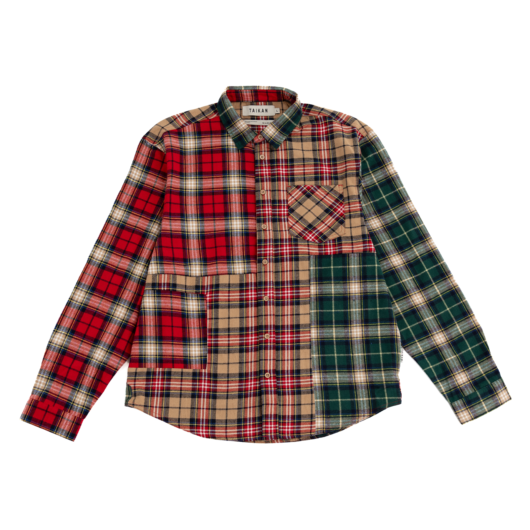 Taikan - Patchwork LS Shirt - Sand/Pine/Red