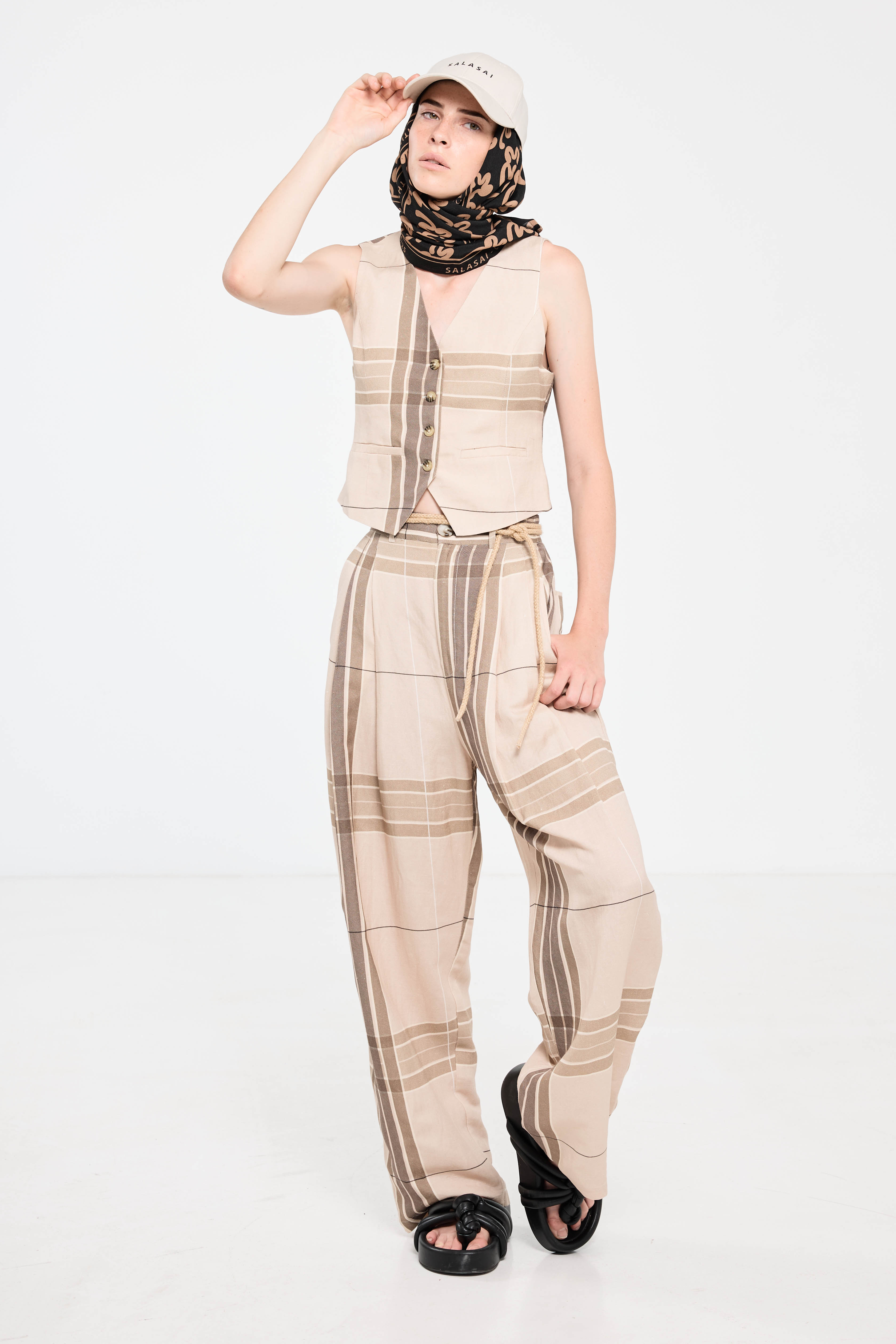 Salasai - Palazzo Waistcoat - Beige Plaid Linen