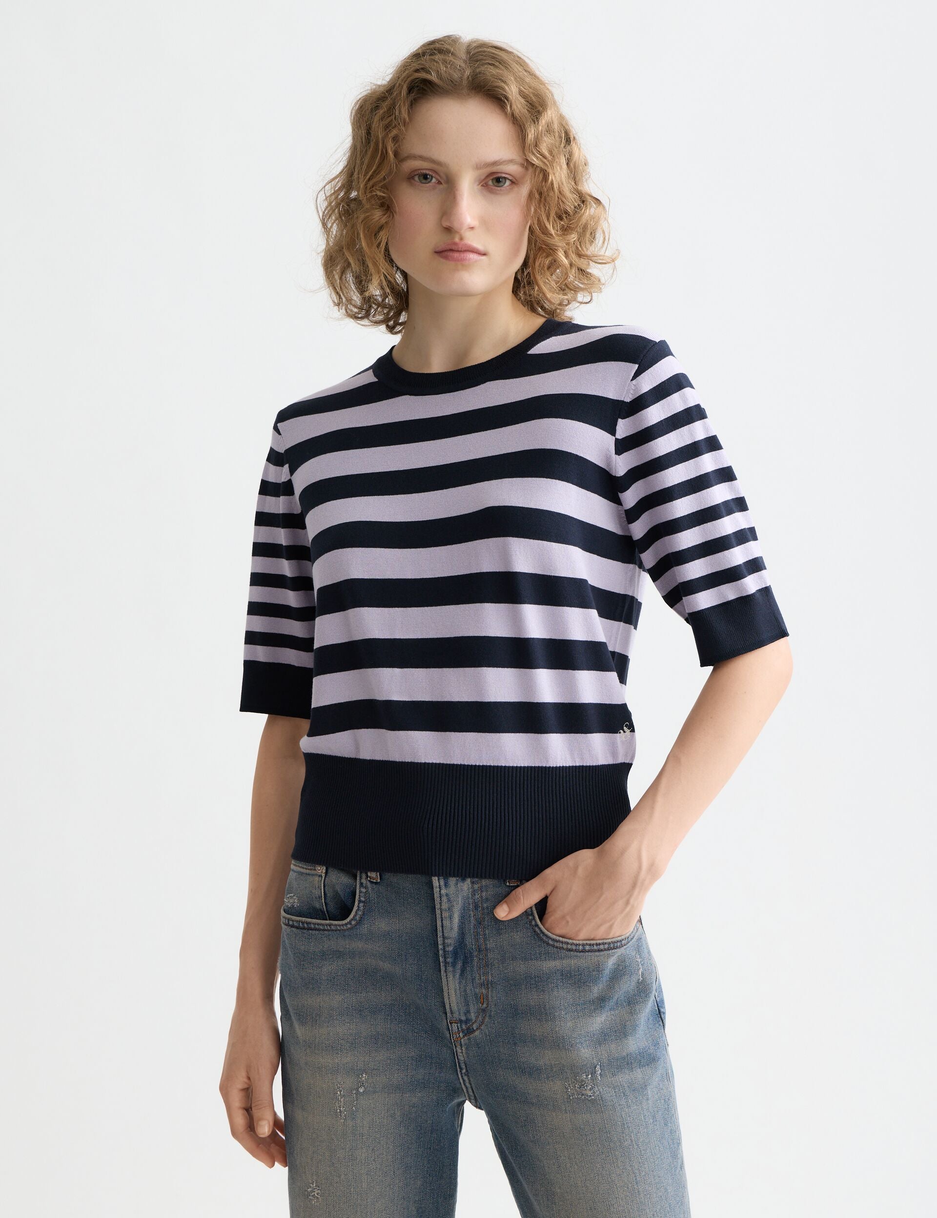 Maison Scotch - Crew Neck SS Pullover - Sky Captain/Lavender Stripe