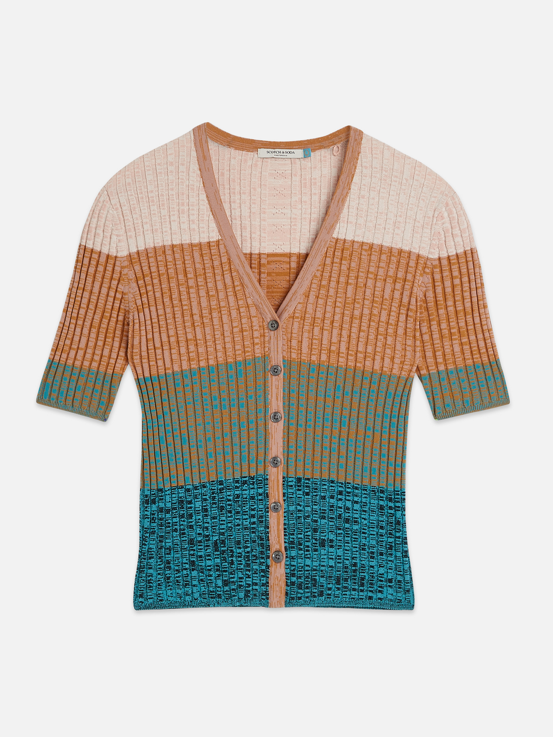Maison Scotch - Block Stripe Ribbed SS Cardigan - Tahitian Teal