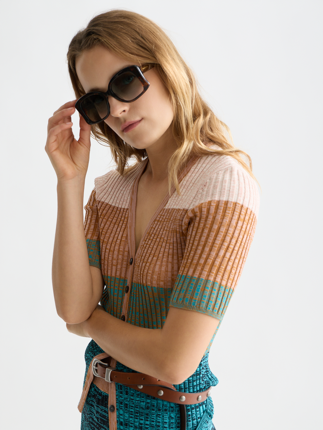 Maison Scotch - Block Stripe Ribbed SS Cardigan - Tahitian Teal