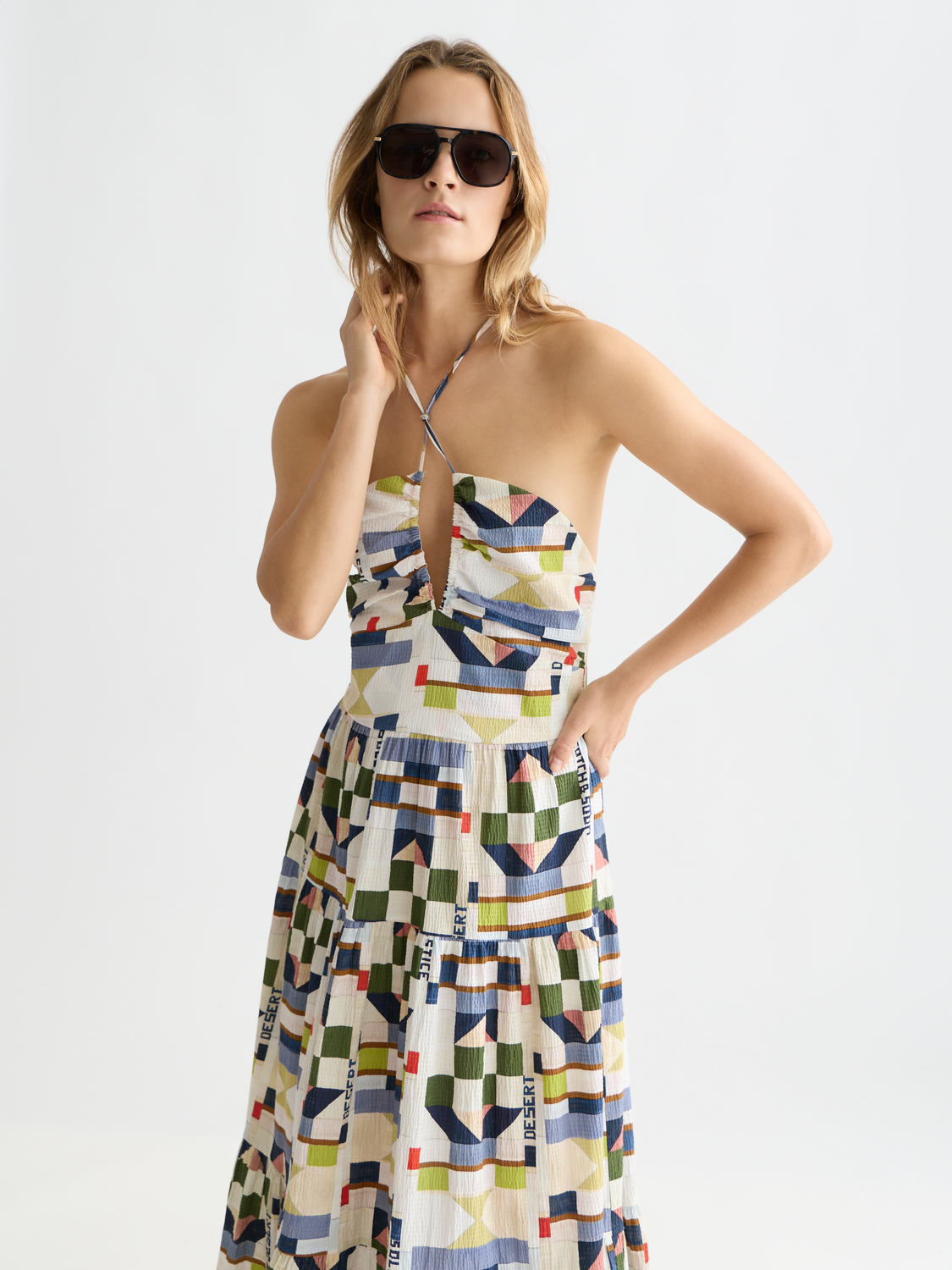 Maison Scotch - Seersucker Keyhole Halter Midi Dress - Patchwork Infinity