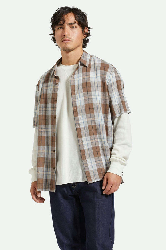 Brixton - Cru Linen Blend SS Woven Shirt - Pinecone Brown/Coronet Blue