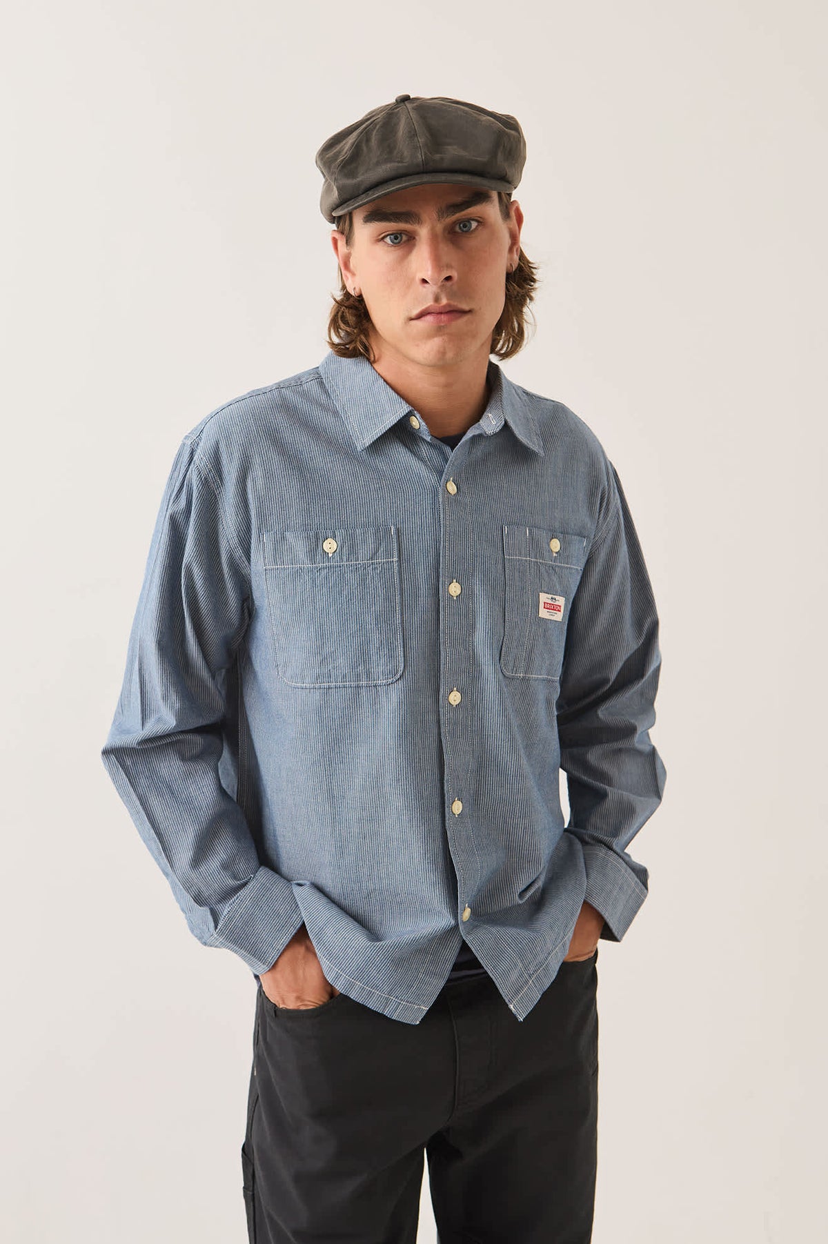 Brixton - Trademark LS Shirt - Blue Chambray Micro Stripe