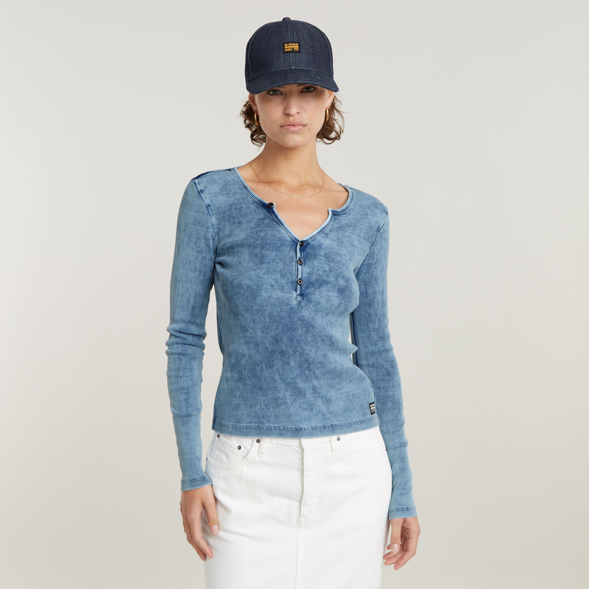 G-Star Raw - Deep V Indigo Henley Slim LS Top - Sun Faded Indigo