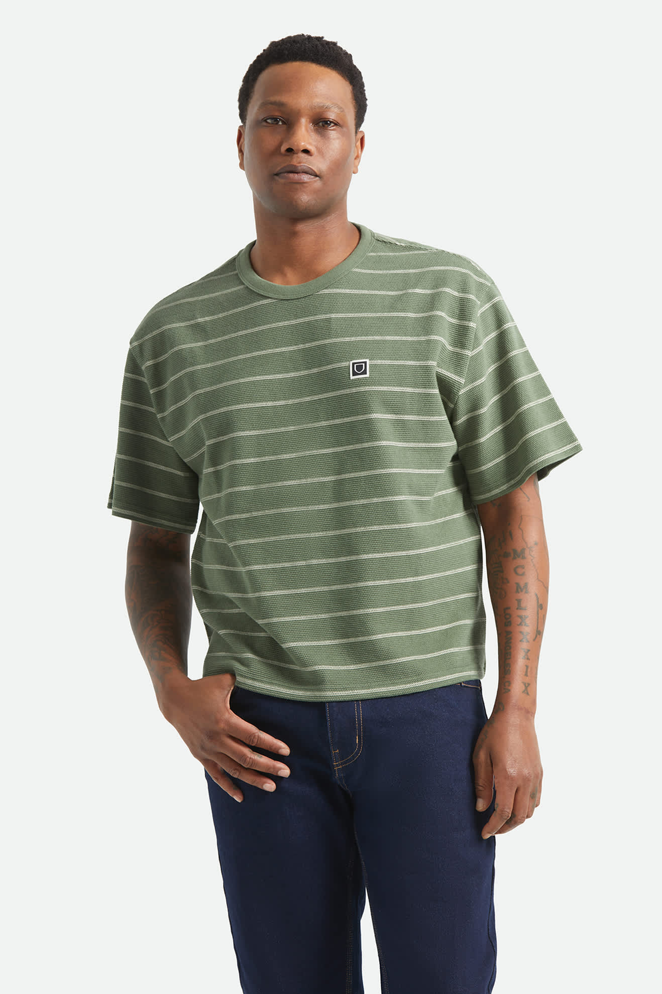 Brixton - Shield Pique Stripe Boxy Tee - Dark Olive/Whitecap