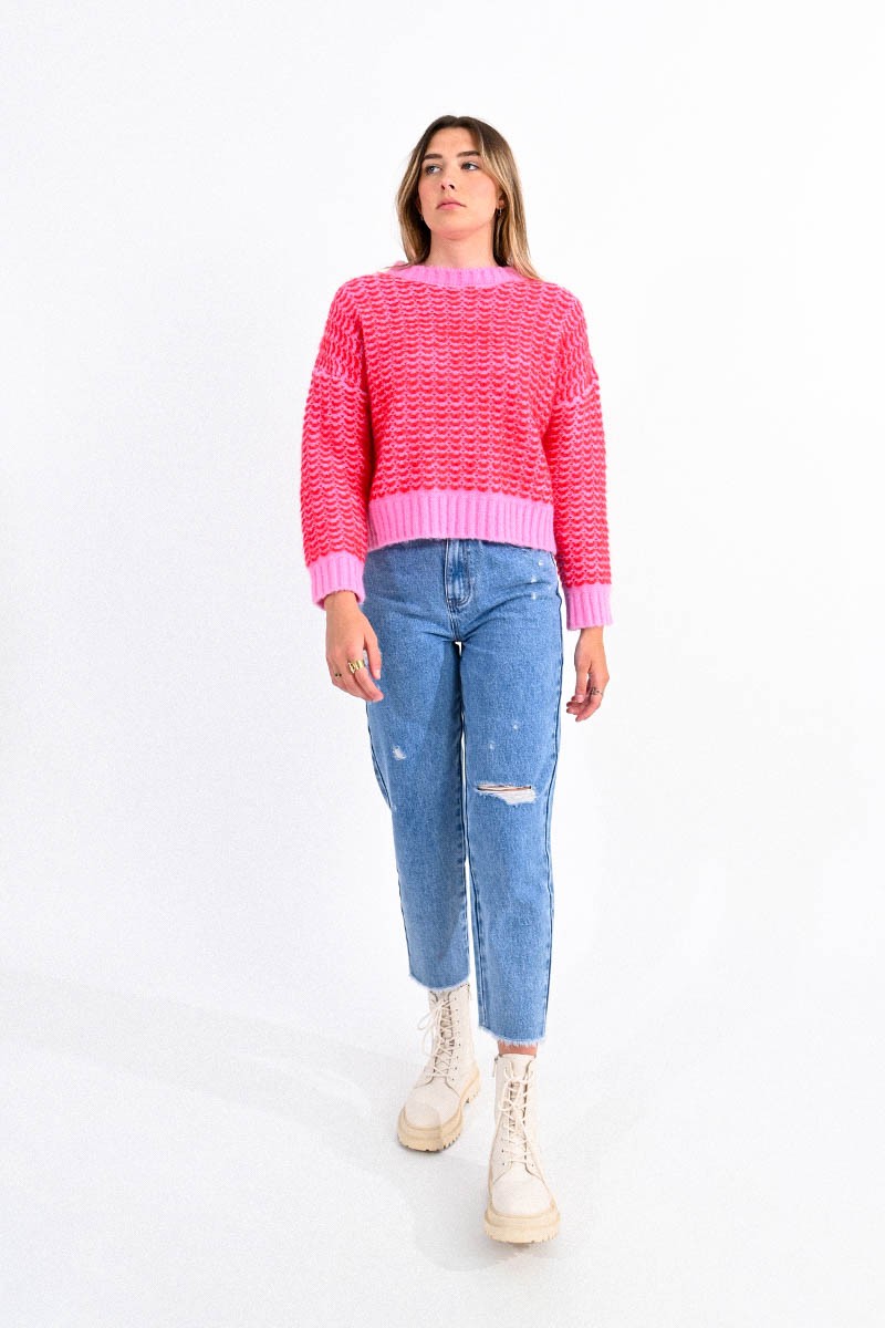 Lili Sidonio - Textured Cropped Knitted Sweater - Fushia