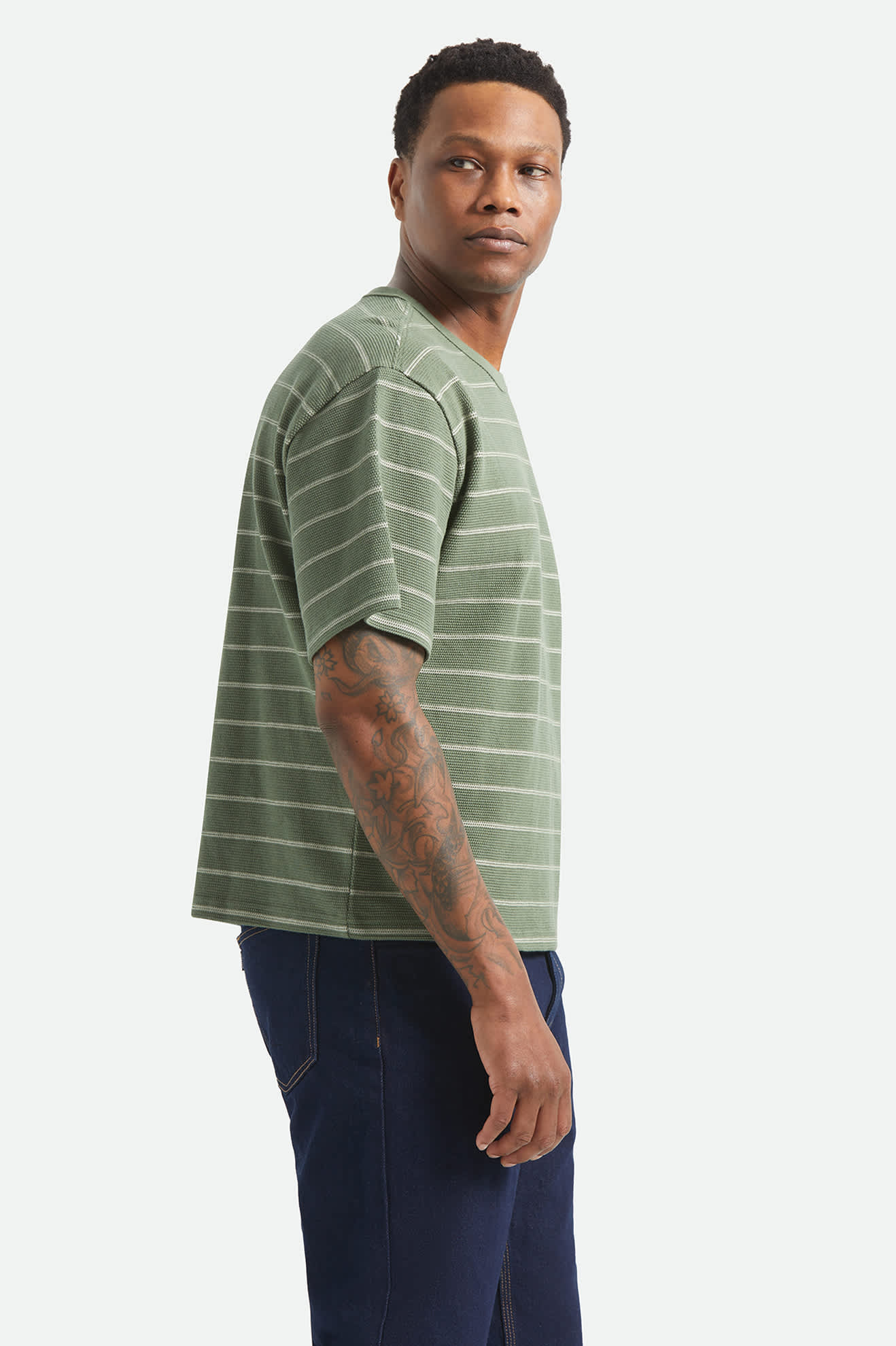 Brixton - Shield Pique Stripe Boxy Tee - Dark Olive/Whitecap